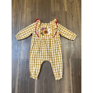 Mud Pie Mustard Gingham Turkey One-Piece Baby Girl 3-6 Months Applique Ruffles